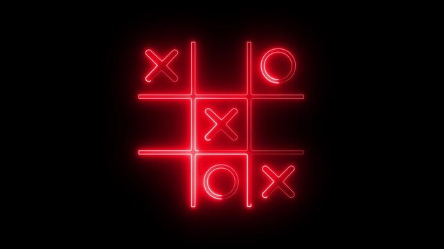 Glowing neon Tic tac toe game icon isolated on black background. Tic tac toe game icon animation. XOX game, educational game animation.