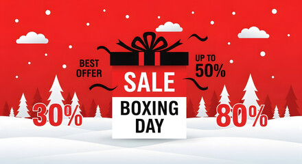 Boxing Day Sale banner vector winter festive holiday celebration commercial discount advertising background red snow forest scene
