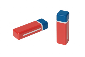 Two red and blue erasers with white stripe detail isolated on a transparent background