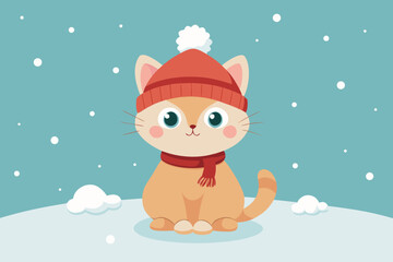Cute kitten in knitted hat sitting on snow watching falling snowflakes.