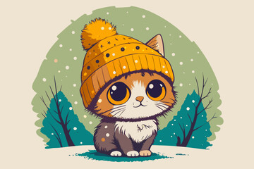 Cute kitten in knitted hat sitting on snow watching falling snowflakes.