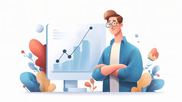 An illustration of a smiling young man with glasses standing confidently beside a graph showcasing upward trends and surrounded by colorful plants.