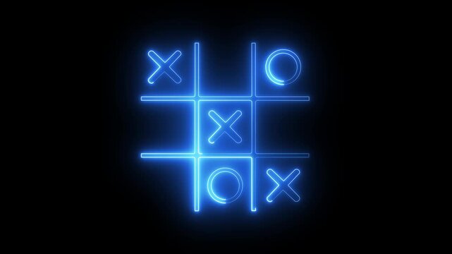 Glowing neon Tic tac toe game icon isolated on black background. Tic tac toe game icon animation. XOX game, educational game animation.