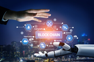 This image showcases a futuristic interaction between a human and a robotic hand, symbolizing the connection of blockchain technology with urban landscapes and digital security. Tessel