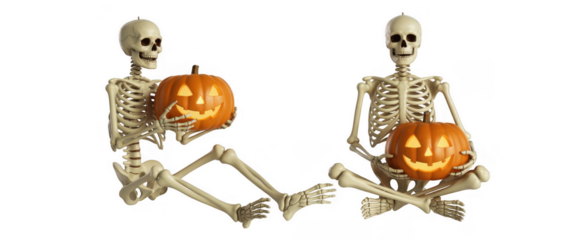 Two skeletons holding carved glowing pumpkins isolated on a transparent background