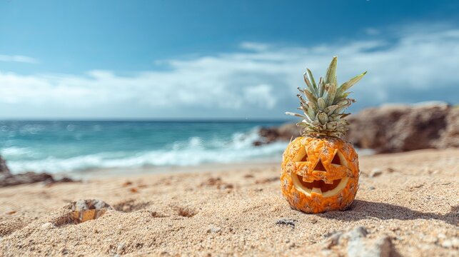 Tropical Halloween vibe with carved pineapple jack-o'-lantern on sunny beach with ocean backdrop, perfect for unique seasonal promotions and fun designs