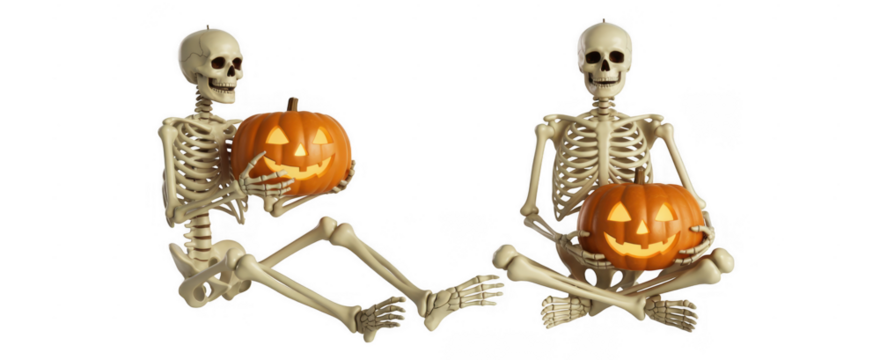 Two skeletons holding carved glowing pumpkins isolated on a transparent background - Powered by Adobe