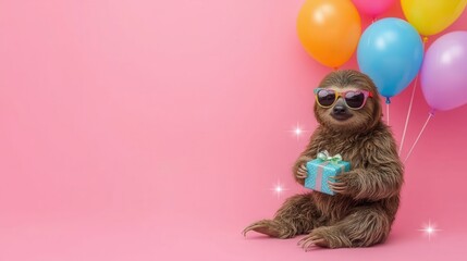 Naklejka premium Adorable sloth celebrates birthday with balloons