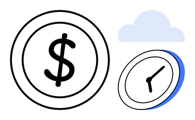 Large coin with dollar sign, clock representing time, and cloud icon, merging finance, time, and technology. Ideal for business, financial planning, productivity cloud solutions investment