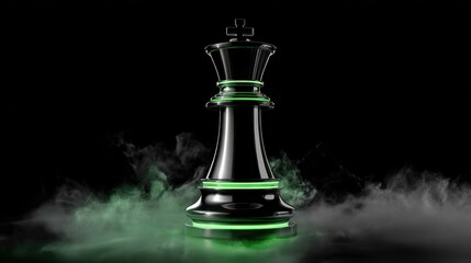 Black chess king piece illuminated with green light in a smoky setting showcasing strategic gameplay and elegance