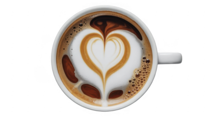 White cup of coffee with heart shaped latte art isolated on a transparent background