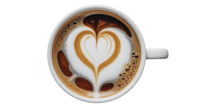 White cup of coffee with heart shaped latte art isolated on a transparent background