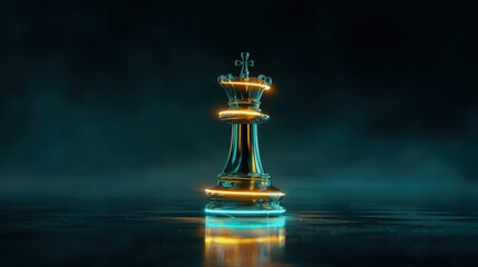 Glowing glass chess king piece stands alone in a dimly lit environment with a mysterious ambiance
