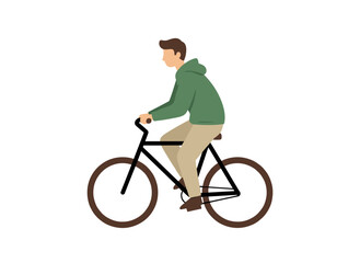 Naklejka premium A cheerful man cycling on a street bike in a flat vector illustration, smiling as he enjoys an eco-friendly urban ride, isolated on a white background