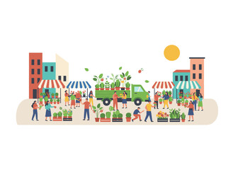 A vibrant outdoor flower market where cheerful little customers stroll between stalls, florists display bouquets and potted plants, and various floral shops thrive, depicted as a flat, colorful