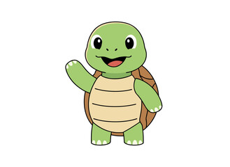 Obraz premium A cheerful green turtle waves and says hello, standing on its hind legs with a smiling face, depicted as a childlike, flat cartoon vector illustration on a white background