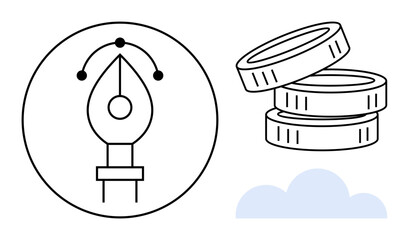 Pen tool with vector curve, stack of coins, and a subtle cloud. Ideal for creativity, innovation, design, economy, digital tools business development cloud-based services. Simple flat metaphor