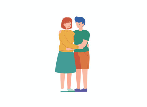 A young woman with a missing arm stands, hugging a female friend, while a teenage girl with a physical disability walks alongside her sister, depicted in a bright flat illustration
