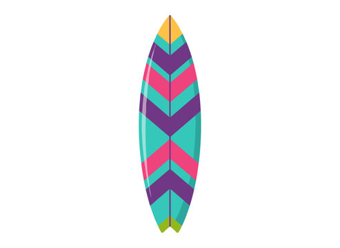 A hybrid surfboard blending shortboard and fishboard styles for water sports, featuring a beach fish‑inspired design ideal for summer extreme activities, presented as a flat vector illustration on a