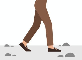 A woman wearing brown trendy leather loafers with a golden buckle, featuring stylish, comfortable, elegant flat-soled shoes on her legs, illustrated as a vector cartoon suitable for autumn or spring