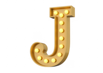 Yellow Marquee Letter J with Light Bulbs isolated on a transparent background