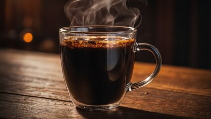 Steaming hot black coffee in a clear glass mug on a wooden surface