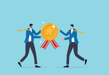 Employee award recognition, success achievement reward or top star performer of the month, best sales champion or certificate concept, businessman boss giving golden star badge to winning employee
