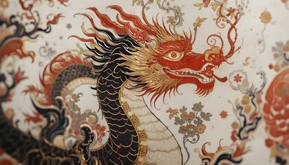  &ldquo;Hand-painted Chinese cultural patterns on traditional garment fabric, featuring ancient dragon motifs, flowing ink art, vibrant red, black and gold tones, fine textile texture, high-resolution close