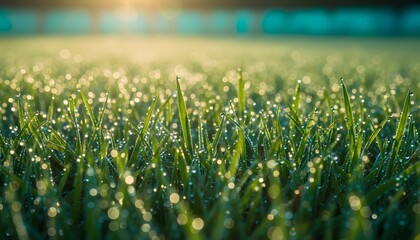 Closeup of Dew Covered Grass Blades in Morning Light with Bokeh Effect for Abstract and Peaceful Natural Scene