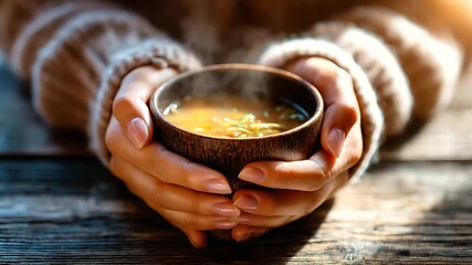 Hands cradling hot miso soup, steam rising, soft morning light on wooden table, comfort warmth, with copy space