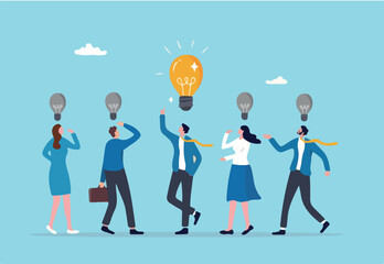 Solution expert solving problem or leader giving advise in meeting discussion, thinking for solution, creativity or professional to help, eureka moment concept, businessman with bright lightbulb.