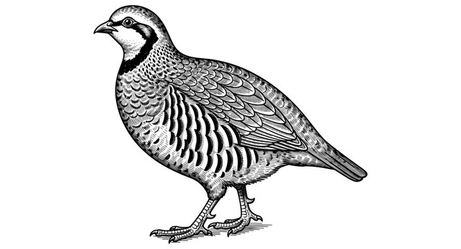 Detailed black and white engraving of a partridge on white background