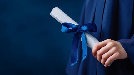 Celebrate academic achievement with this graduate holding a diploma tied with a blue ribbon against a matching background perfect for graduation announcements