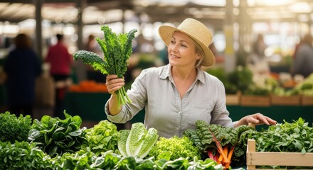 Caucasian mature female shopping for fresh vegetables at farmers market