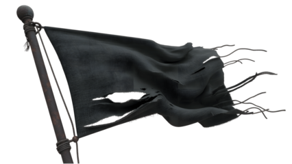 Tattered black flag on a pole, isolated on transparent background