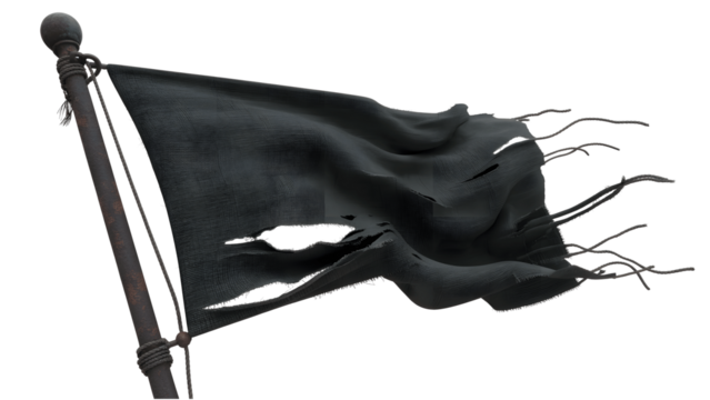Tattered black flag on a pole, isolated on transparent background