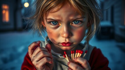 A close-up portrait of the Little Match Girl with a sorrowful mood representing hardship and hope against a winter backdrop, illustration for Andersen’s fairy tale The Little Match Girl