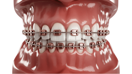 3d render of human teeth with metal braces isolated on transparent background