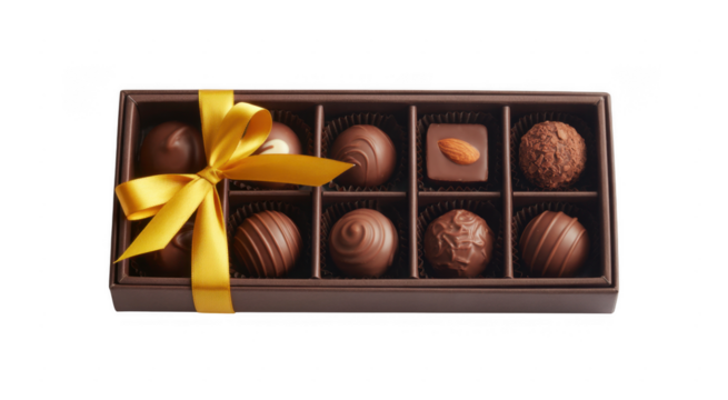 Assortment of chocolate candies in a box with a yellow ribbon isolated on a transparent background