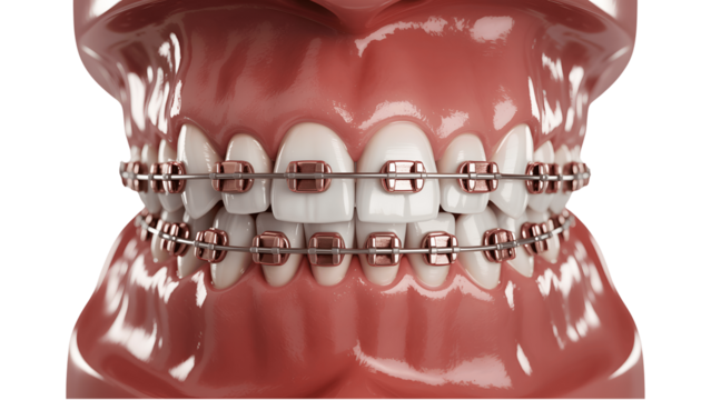 3d render of human teeth with metal braces isolated on transparent background