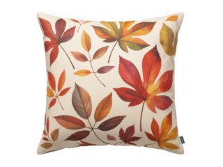 Autumn leaf pattern on a square pillow isolated on a transparent background