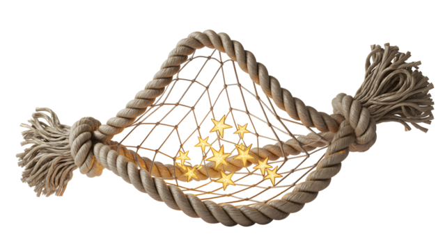 Rope net with star lights, isolated on transparent background