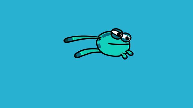 Blue frog cartoon leaping in place outline isolated. Animal character on color background ood for any project for children about nature.
