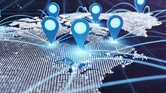 Abstract visualization of data distribution and connectivity across a digital continent with glowing markers