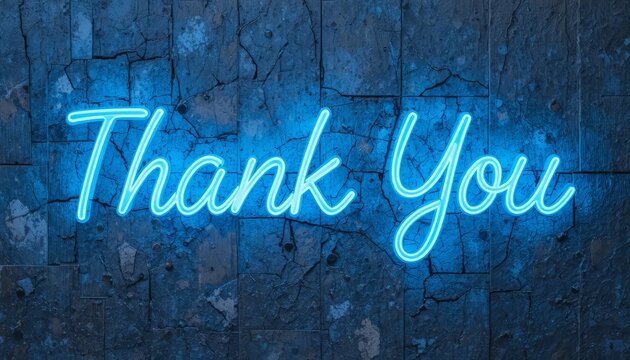 A glowing blue neon sign displays the words 'Thank You' against a textured dark background. The sign emits a bright, inviting light.