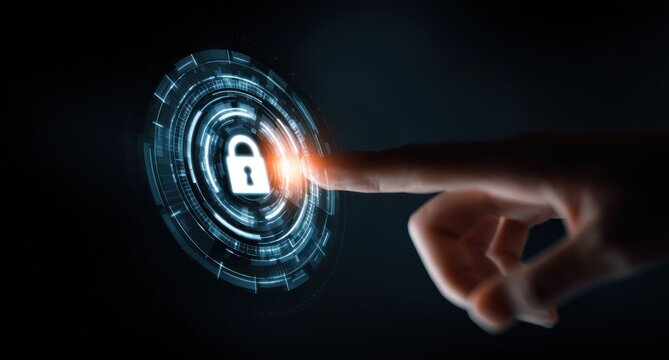 Finger touches glowing digital padlock icon on dark background.
