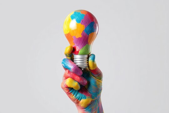 Hand painted with bright colors holds a colorful light bulb.