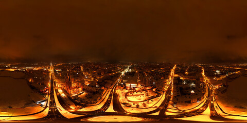 360° VR Night Panorama: Tarnów City Center with Church and Snowy Roads