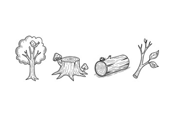 Hand-drawn tree elements with bird, stump, log, and branch illustrations