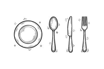 Hand-drawn plate, spoon, knife, and fork illustration on white background